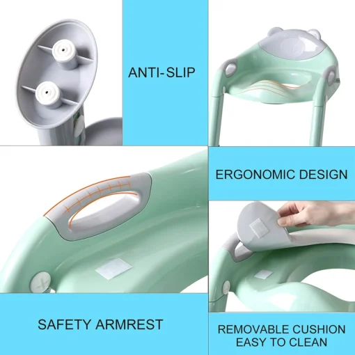 Potty Training Seat with Ladder, Safe Toilet Trainer for Kids, Anti-Slip, Gray/Green - Image 3